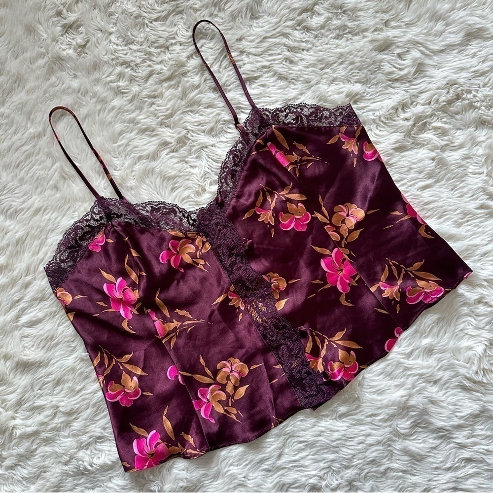 Victoria’s Secret Cami Vintage Gold Label Lace Trim Button Front Floral Purple M